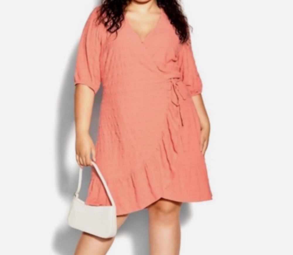 CITY CHIC Peach Sweet Romance Puff Sleeve Ruffle Wrap Mini Dress XL 22 NWT